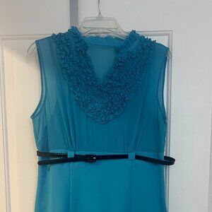 Aqua Dress with Ruffled Detail at Collar